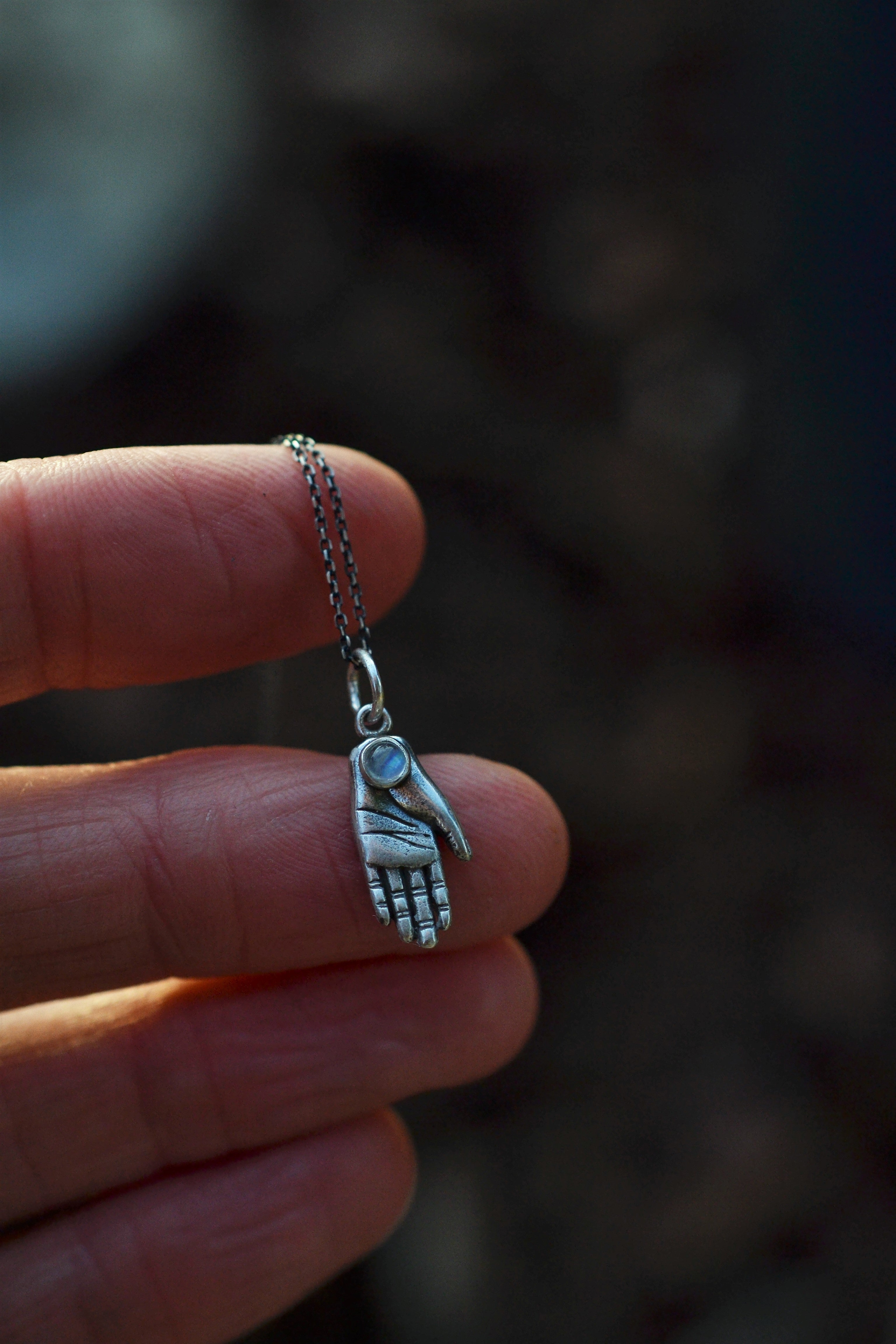 Keeper of the Light- Small Rainbow Moonstone Hand Charm  - 16" or 18" Chain Included