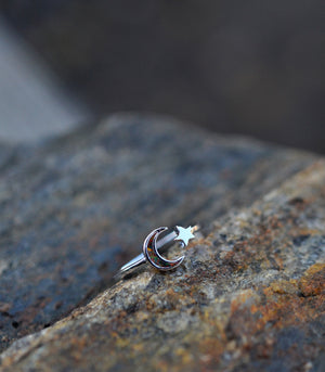 Blowout Sale! Sterling Silver Opal Moon and Star Celestial Ring - Semi-Adjustable. Only Sizes 5, 6 and 10 are left!