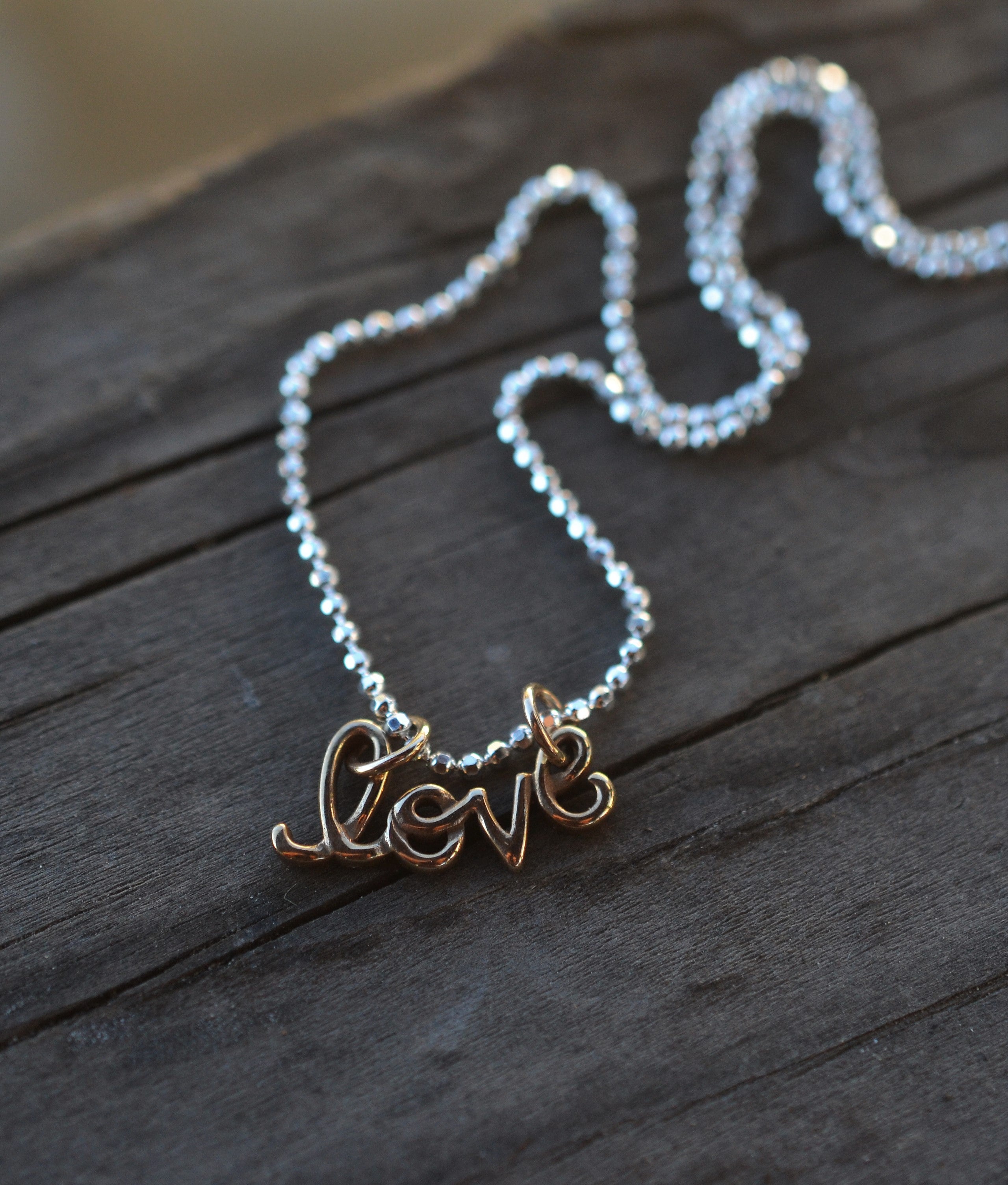 LOVE or XOXO Charm necklace - Brass and Sterling Silver