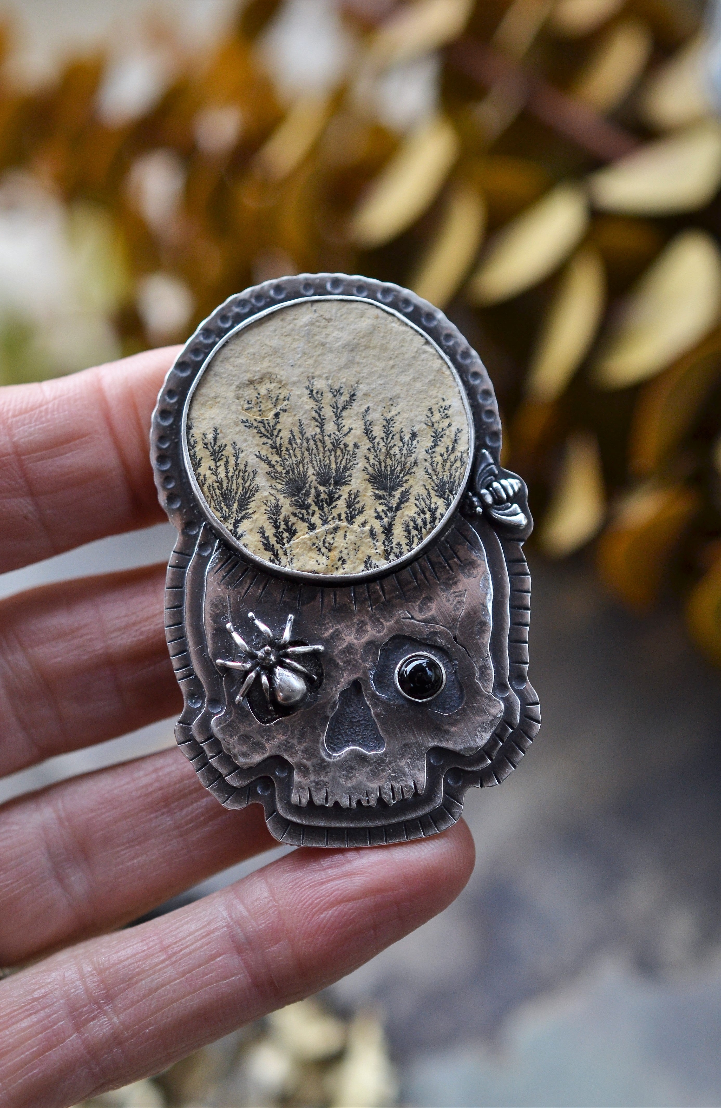 * Dark Spring *  Extra Large Flowering Skull Pendant * ORIGINAL * Dendritic Limestone  Chain Included