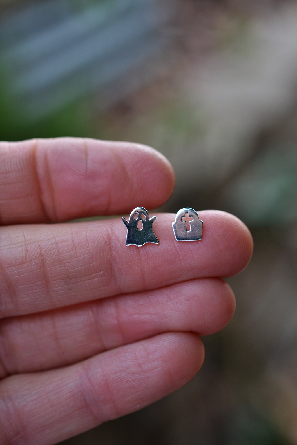 Haunted Cemetery - Ghost / Tombstone Studs - Sterling Silver