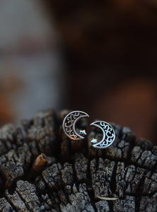Crescent Moon and Star Post Style Earrings - Sterling Silver
