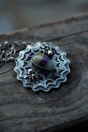 PRE-ORDER - Candy Corn Spiders in Web Necklace - 18" Chain Included