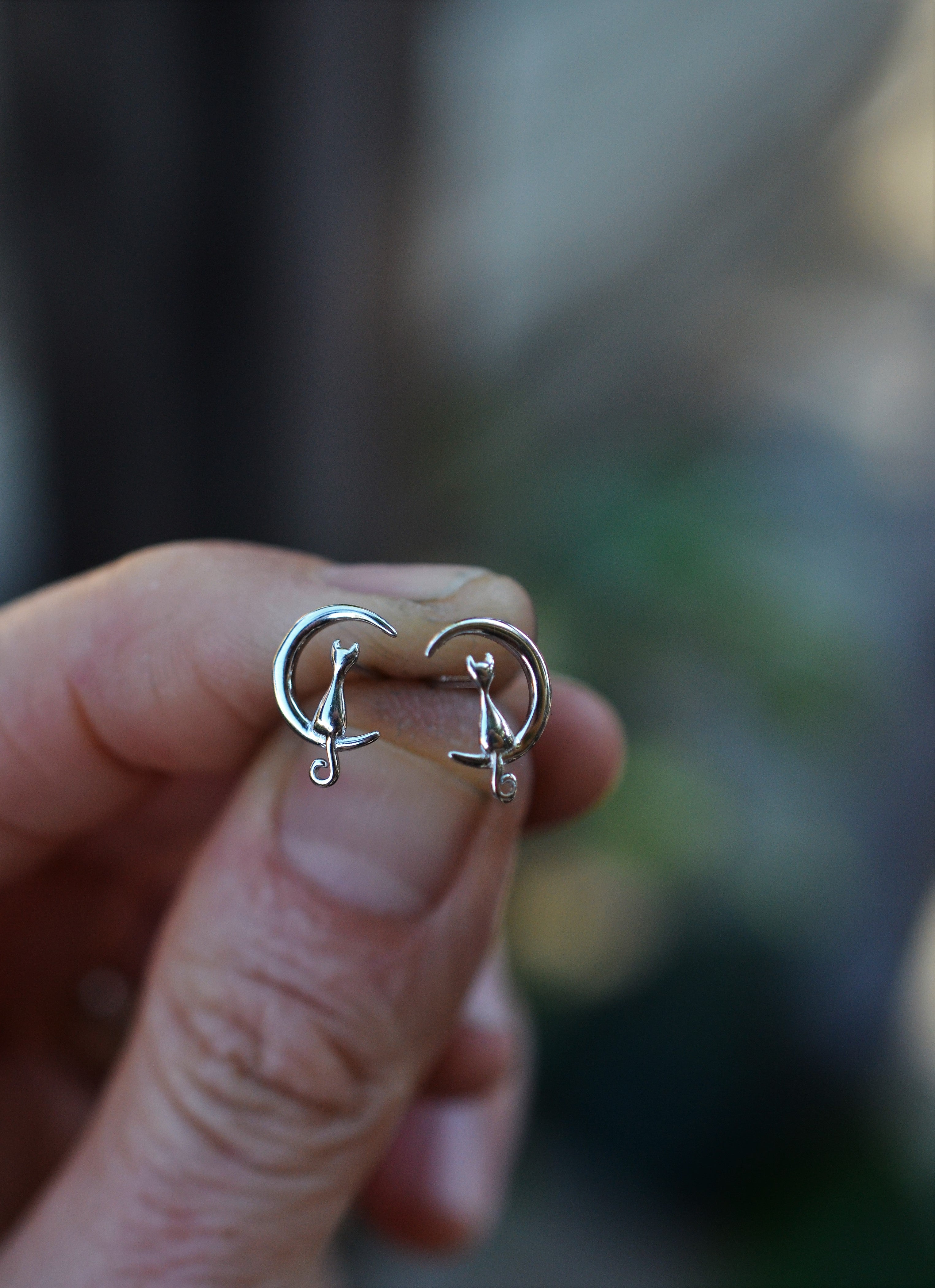 Cat in Moon Studs - Sterling Silver