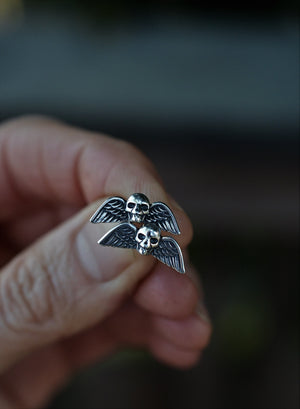 Winged Skull Studs - Sterling Silver