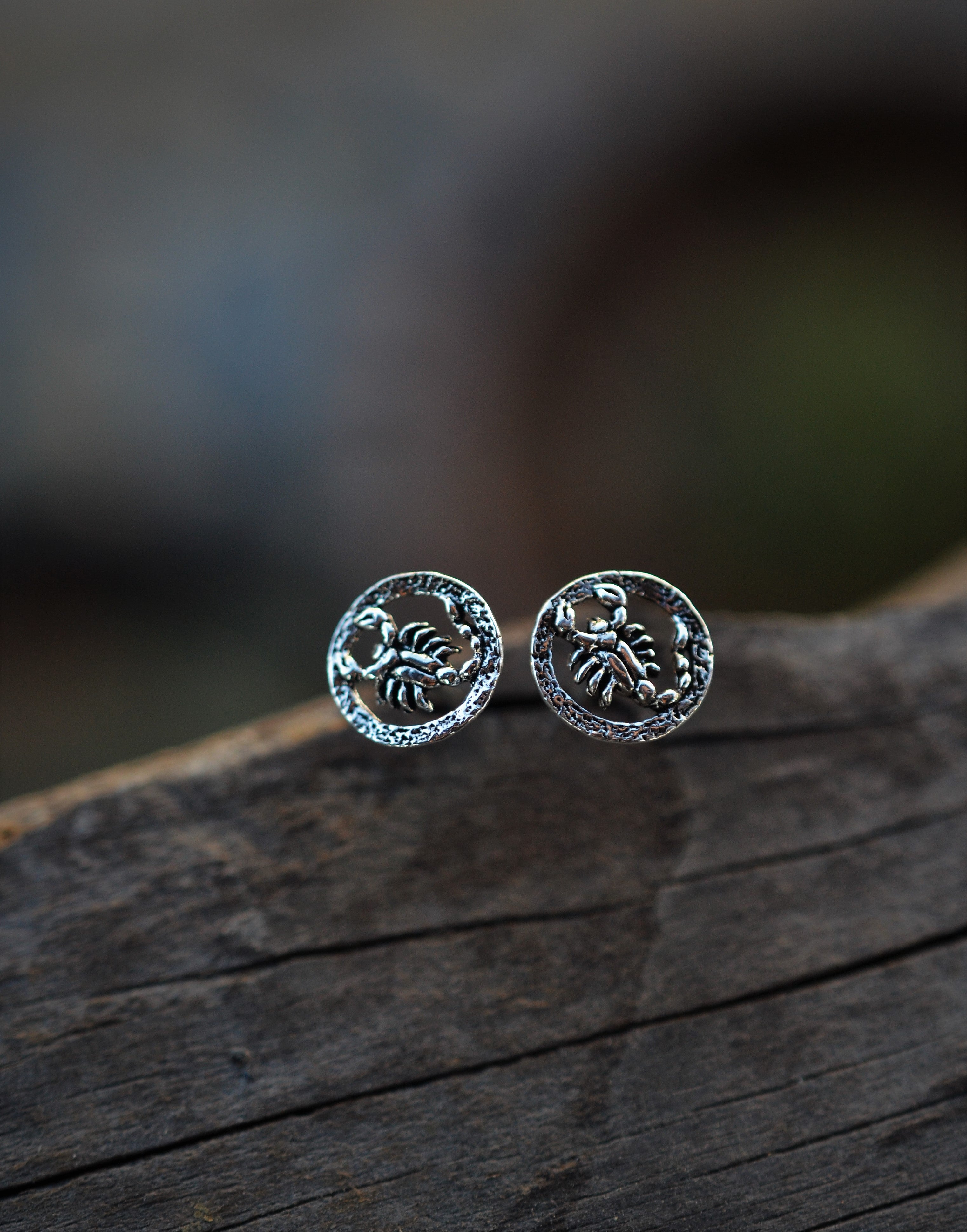 Zodiac Round Scorpion Studs - Sterling Silver