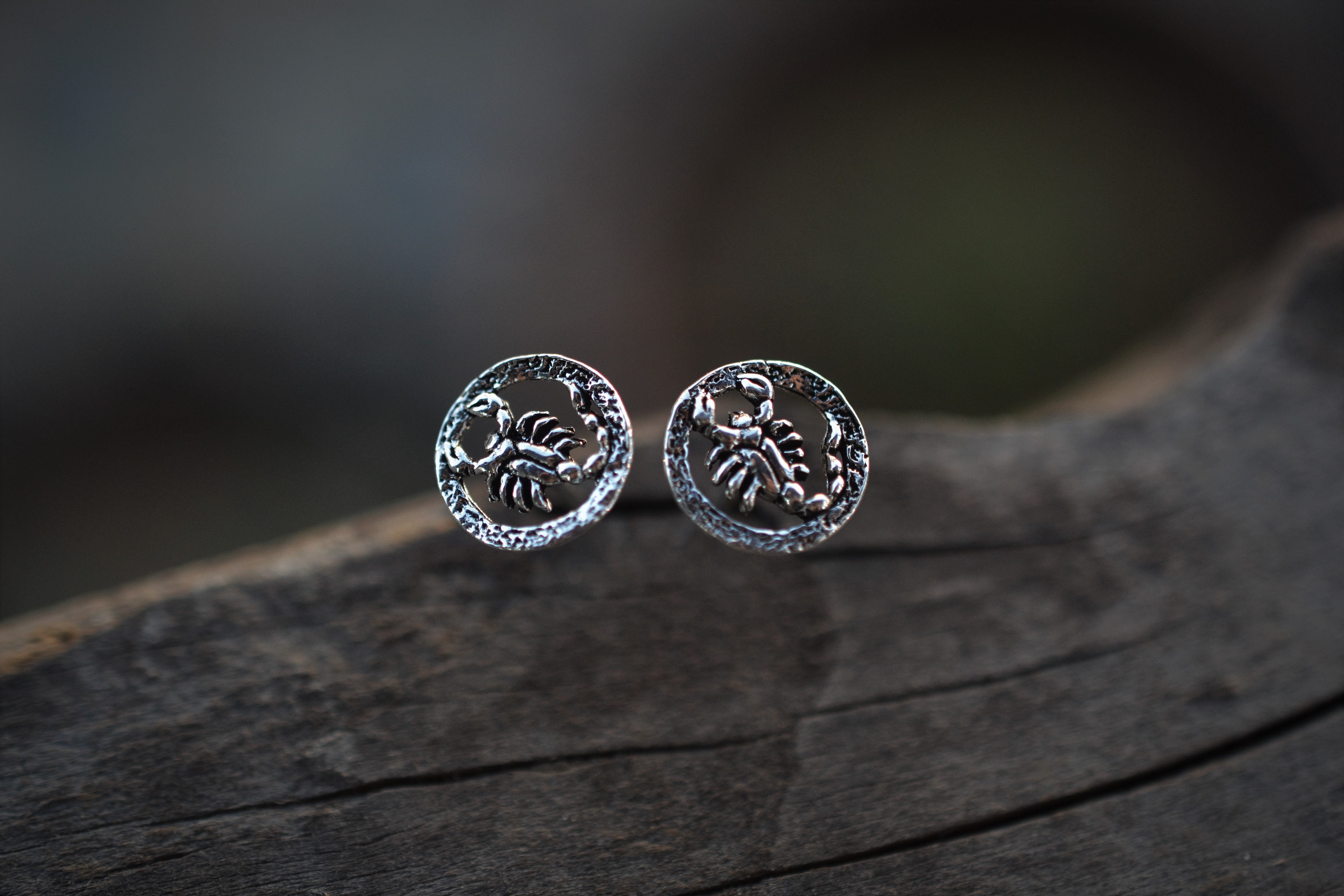 Zodiac Round Scorpion Studs - Sterling Silver